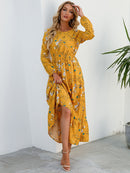 Women Elegant Floral Printed Long Dresses Spring Summer Casual O Neck Long Sleeve Ladies Chic High Waist A Line Beach Dresses