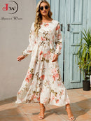 Women Elegant Floral Printed Long Dresses Spring Summer Casual O Neck Long Sleeve Ladies Chic High Waist A Line Beach Dresses