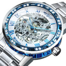 WINNER Transparent Skeleton Watch for Men Mechanical Wristwatches Diamond Watches Mens Luxury Stainless Steel Strap Unisex Clock