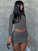Hugcitar Letter Print Solid Turtleneck Short Sleeves Crop Top Skirts 2 Pcs Set Sexy Slim Summer Fashion Outfit Streetwear Sports