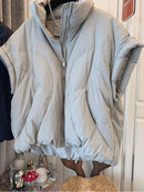 Womens Puffy Vest Down Vest Black Pu Leather Vest Woman Jacket Coat Autumn Winter Outwear Puffer Vest Female Sleeveless Jacket