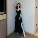 New Solid Black Dress with Suspender Sexy Gentle V-Neck Retro Long Dresses with Side Slit Beach Party 2022 Summer New Clothes
