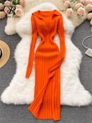 SINGREINY Women Korean Knitted Dress Long Sleeve V Neck Elastic Slim Pencil Dresses 2021 Autumn Sexy Bodycon Split Sweater Dress