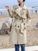 Aelegantmis Women Casual Long Trench Coat With Sashes Double Breasted Women's Windbreaker 2022 Chic Office Coat Ladies Outerwear