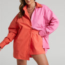 Women Casual Tracksuit Shorts Set Summer Long Sleeve Shirt Tops And Mini Drawstring Shorts Suit Lounge Wear Two Piece Set