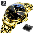 QINGXIYA Top Brand Luxury Gold Red Quartz Watch Men Stainless Steel Luminous Waterproof Watches Week Calendar Business Watch Men