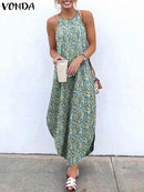 Printed Maxi Dresses VONDA Bohemian Sexy Sleeveless Sundress Women Causal Halter Summer Beach Dress Asymmetric Long Dresses