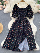 YuooMuoo Limited Big Sale Women Dress Fashion Romantic Floral Print Split Long Summer Dress Puff Sleeve Party Korean Vestidos