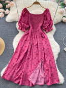 YuooMuoo Limited Big Sale Women Dress Fashion Romantic Floral Print Split Long Summer Dress Puff Sleeve Party Korean Vestidos