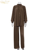 Clacive Causal Loose Home Suit Autumn Long Sleeve Blouse With High Wasit Pants Set Women Elegant Pleated Beige 2 Piece Pant Sets