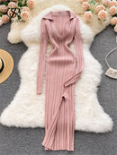 SINGREINY Women Korean Knitted Dress Long Sleeve V Neck Elastic Slim Pencil Dresses 2021 Autumn Sexy Bodycon Split Sweater Dress
