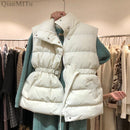 New Fashion Autumn Stand Collar Elegant Coats Warm Outerwear Casual Belt Sleeveless Winter Women Vests Jackets