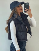 Willshela Women Fashion High Neck Cropped Waistcoat Puff Vest Casual Woman Sleeveless Jacket Chic Lady Winter Warm Outfits