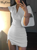 Hugcitar 2021 Short Sleeve Slit Sexy Mini Dress Summer Women Fashion Streetwear Outfits Cute Solid Y2K Party Clothing