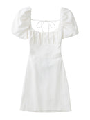 XNWMNZ women white fashion linen blend dress female square neck short puff sleeves backless crossover straps dress for women's