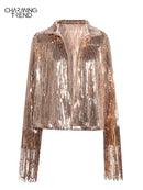 Women's Tassel Sequin Jacket 2022 Autumn Winter Streewear Rock BF Retro Long-sleeved Silver Reflective Jacket Women Outwear Tops