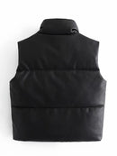 TRAF Women 2021 Fashion Leather Cotton Pocket Padded Waistcoat Vintage Sleeveless Female Outerwear Streetwear