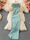 ALPHALMODA 2021 Summer Hollow Out Twisted Back Sleeveless High Slit Sexy Women Knitted Dress Solid Color Feminine Mid-calf Dress
