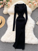 SINGREINY Women Korean Knitted Dress Long Sleeve V Neck Elastic Slim Pencil Dresses 2021 Autumn Sexy Bodycon Split Sweater Dress