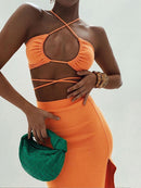 Cryptographic Bandage Cut Out Sexy Halter Neck Top and Skirts Set Gathered Elegant Club 2022 Summer Outfits Split Two Piece Set