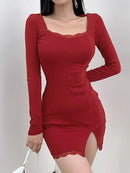 Darlingaga Square Neck Lace Patchwork Bodycon Black Dress Women Elegant Cotton Fashion Side Split Autumn Dress Mini Ladies Basic