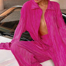 Ladies Shirt Suits Pleated Notched Single-Breasted Female Cardigan Two-Piece Loose Shirts and High-Waist Wide-Leg Pants Sets