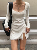 Darlingaga Square Neck Lace Patchwork Bodycon Black Dress Women Elegant Cotton Fashion Side Split Autumn Dress Mini Ladies Basic