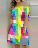 Women Off Shoulder Mini Dress Summer Sexy Short Sleeve Bow Tie Striped Floral Print Dresses Fashion Casual Loose Dress Vestidos