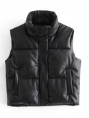 Black Stand Collar Vests Women Fashion Zipper PU Leather Coats Women Elegant Autumn Winter Short Vests Female Ladies