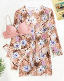 Floral Twist Low Waist Bikini Set Cover Up Swimsuit For Women Push Up Long Sleeve Three Pieces Swimwear 2022 Beach Bathing Suits