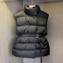 New Fashion Autumn Stand Collar Elegant Coats Warm Outerwear Casual Belt Sleeveless Winter Women Vests Jackets