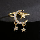 Fashion Classic Sun Moon Star Rhinestone Rings For Women Open Adjustable Zircon Copper 18K Gold-Plating Geometric Rings