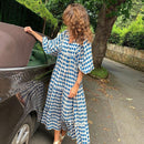 Summer Puff Sleeve Long Dress Women Geometric Print Splicing Half Sleeve Dress Elegant V-Neck Loose Holiday Beach Dress Vestidos