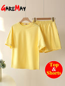 Green Suit Shorts with T-shirt for Women and Top Loose Oversize 100% Cotton Summer Two Piece Set Women Classic Tracksuit Casual