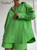 TiulZial Casual Women Short Set Tracksuit Loungewear Two Piece Women Outfits Oversized Long Shirt And High Waist Shorts Green