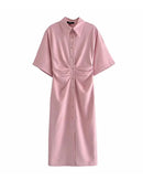TRAF Women Chic Fashion Button-up Draped Midi Shirt Dress Vintage Short Sleeve Side Zipper Female Dresses Vestidos