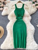 SINGREINY Summer Knit Sexy Strap Dress Women Hollow Out Elatic Waist Bodycon Sundress Female Beach Split Backless Long Dress