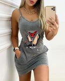 Sexy Straps Dress Women Summer Fashion Letter Print Pocket O Neck Sleeveless Party Dress Casual Slim Backless Ladies Mini Dress