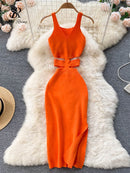 SINGREINY Summer Knit Sexy Strap Dress Women Hollow Out Elatic Waist Bodycon Sundress Female Beach Split Backless Long Dress