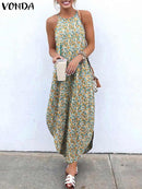 Printed Maxi Dresses VONDA Bohemian Sexy Sleeveless Sundress Women Causal Halter Summer Beach Dress Asymmetric Long Dresses