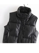 Womens Puffy Vest Down Vest Black Pu Leather Vest Woman Jacket Coat Autumn Winter Outwear Puffer Vest Female Sleeveless Jacket