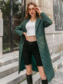 Simplee Long straight winter coat with rhombus pattern Casual sashes women parkas Deep pockets tailored collar stylish outerwear