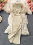 ALPHALMODA 2021 Summer Hollow Out Twisted Back Sleeveless High Slit Sexy Women Knitted Dress Solid Color Feminine Mid-calf Dress
