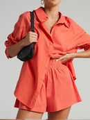 Casual Womem Yellow Lounge Wear Summer Tracksuit Shorts Set Long Sleeve Shirt Tops And Mini Shorts Suit 2021 New Two Piece Set
