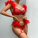 MeiKeDaiNicey Feather Sensual Lingerie Sexy Transparent Lace Bra with Chain Exotic Sets Porn 3 Piece Set Garters Erotic Costumes