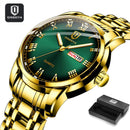 QINGXIYA Top Brand Luxury Gold Red Quartz Watch Men Stainless Steel Luminous Waterproof Watches Week Calendar Business Watch Men