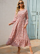 Women Elegant Floral Printed Long Dresses Spring Summer Casual O Neck Long Sleeve Ladies Chic High Waist A Line Beach Dresses