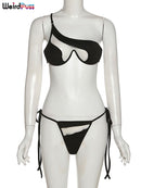 Weird Puss Beach Style Women Bikini 2 Piece Set Sexy Mesh Patchwork One Shoulder Bra Top+Bandage Briefs Vacation Trend Clubwear
