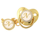 Name Initial Letter Baby Pacifier and Pacifier Clips BPA Free Silicone Infant Nipple Gold Bling Newborn Dummy Soother