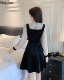 Neploe Vintage Velvet Black Dress Stand Neck Lantern Sleeve Party Robe High Waist Slim Vestidos Korean Elegant Dresses Women